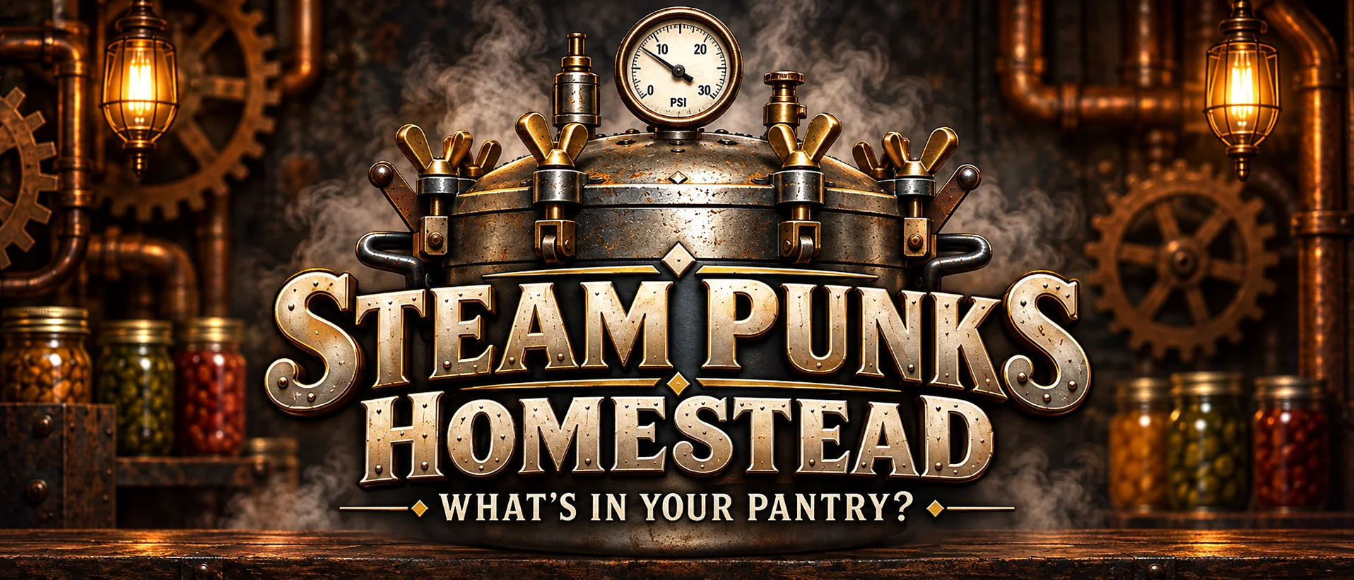 Steam Punks Homestead: a brass and steel pressure canner with a PSI gauge among canning jars, gears and lanterns, with the words What's in your pantry?