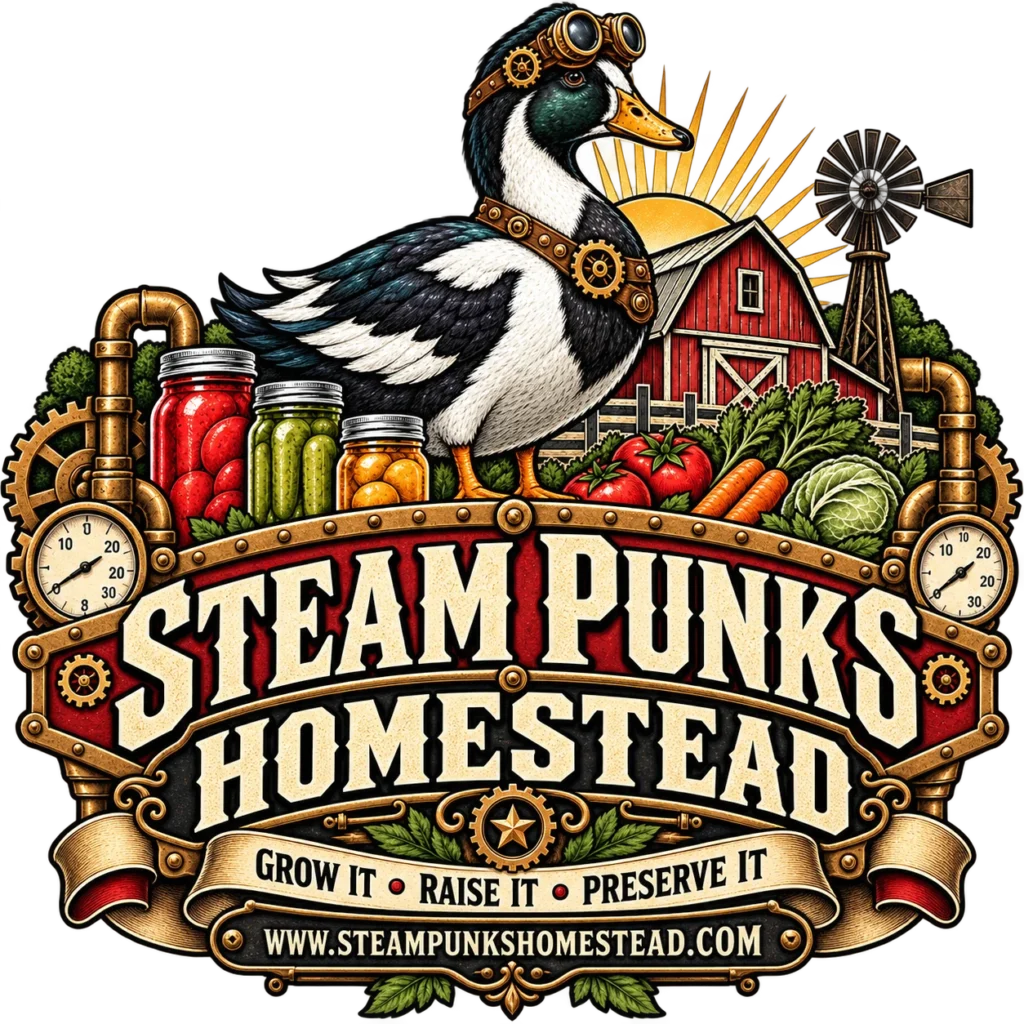 Steam Punks Homestead logo: a duck in steampunk goggles with canning jars, garden vegetables, a red barn and a windmill, with the motto Grow It, Raise It, Preserve It